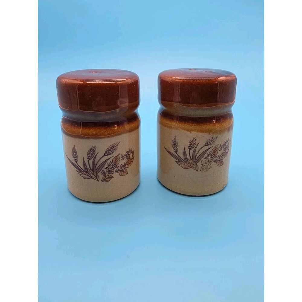 Vintage Brown Wheat Pattern Salt And Pepper Shaker Set 3 Tone Color